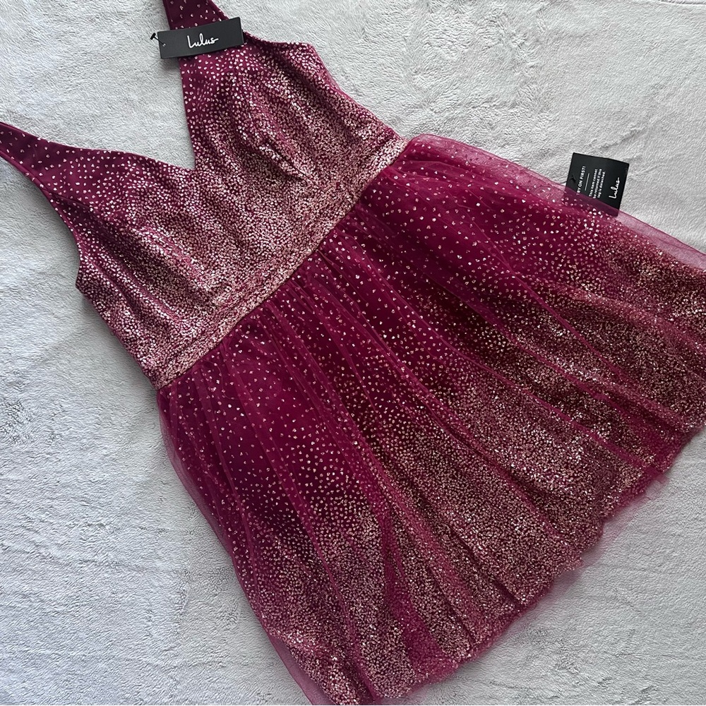 NWT Lulus Ballerina Dream Skater Tutu Dress Glitter Burgundy Gold XL
